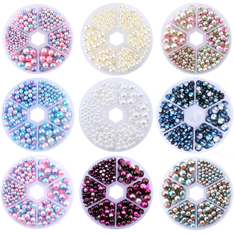 Cross-border Bestselling 6-Count Pearls DIY Jewelry Set Multiple Sizes Holeless Mermaid Glitter Pearls Nail Accessories