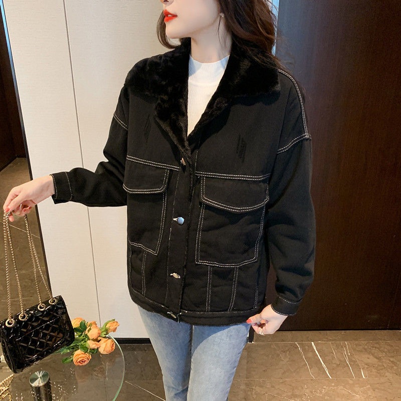 630g Weight Long Sleeve Sleeve Length Single Breasted Placket Type Regular Sleeve Sleeve Type Polyester Fabric Type Ordinary Model (50cm <Length ≤ 65cm) Top Length Coat Tops Type Shirt Collar Neckline Loose Fit Type Solid Color Pattern Women's Gender Temperament Commuter, Urban Style Style Lamb Fur Lined Thickened Denim Jacket Women's Autumn Winter Loose Versatile Short Style Fleece Inner Cotton Coat For Students 14