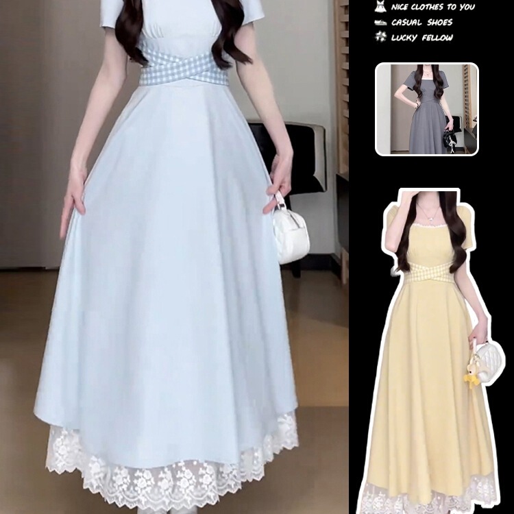 Taoxi Zhiyu Sex Fat mm French Square Collar Slimming Look A-Line Lace Skirt Strap Waist Right Shoulder Sleeve Dress