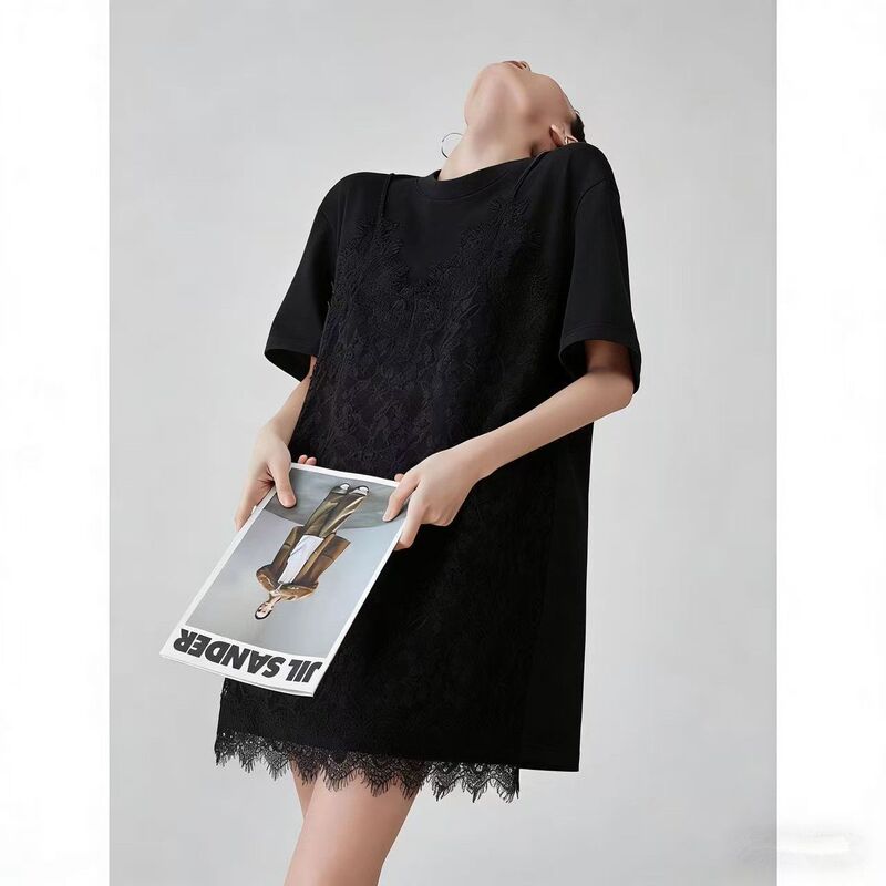 Versatile Lace Patchwork Short-Sleeve Shirt 150kg Plus-Size Stylish Simple Round-Neck Pullover Top