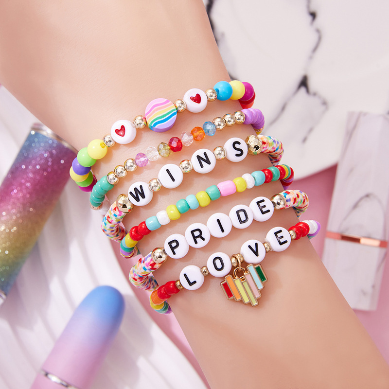 Color-Contrasting Geometric Beaded Bracelet 6-Piece Set Pride-Themed Letter Love Pendant Trendy Versatile Jewelry