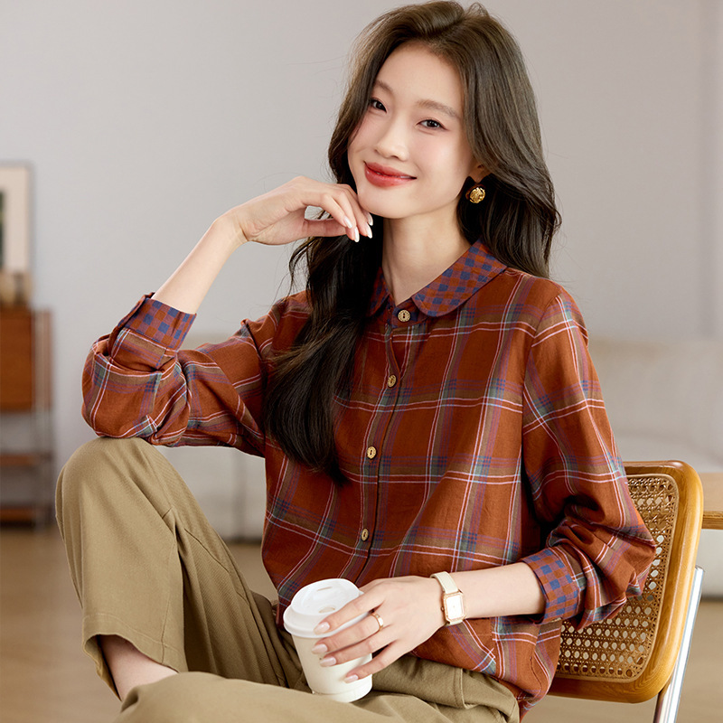复古格子衬衫女纯棉撞色女装2025年新款休闲显瘦大码秋季港风上衣|undefined