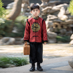 Children's New Year Clothes with Fleece Tangzhuang Winter for Boys Chinese Style Hanfu Two-Piece Set for Students Ancient Costume Performance Clothes with Scarf