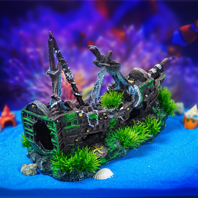 Explosiva simulación buque de guerra, acuario, decoración de paisajismo, decoración de la casa de escape, naufragio de resina transfronterizo, pequeña rocalla