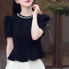 Xiaoxiangfeng 黒半袖 Tシャツ女性のシャツ夏の新しいルーズスリムショートフリル超見栄えの良いトップ