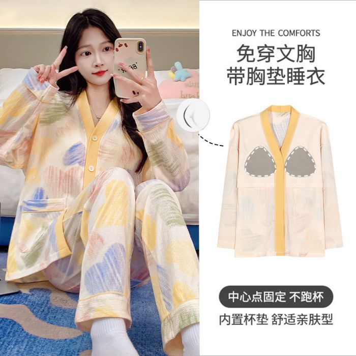 Al por mayor transfronterizo primavera y otoño nuevo algodón arrugado cardigán kimono corbata cojín de pecho pijama de manga larga ropa doméstica de dibujos animados de mujer