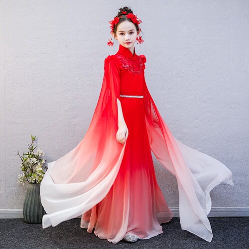 Red hanfu fairy dress children qipao cheongsam dress water sleeves host chorus girls play guzheng dance costumes China performance qipao for kids