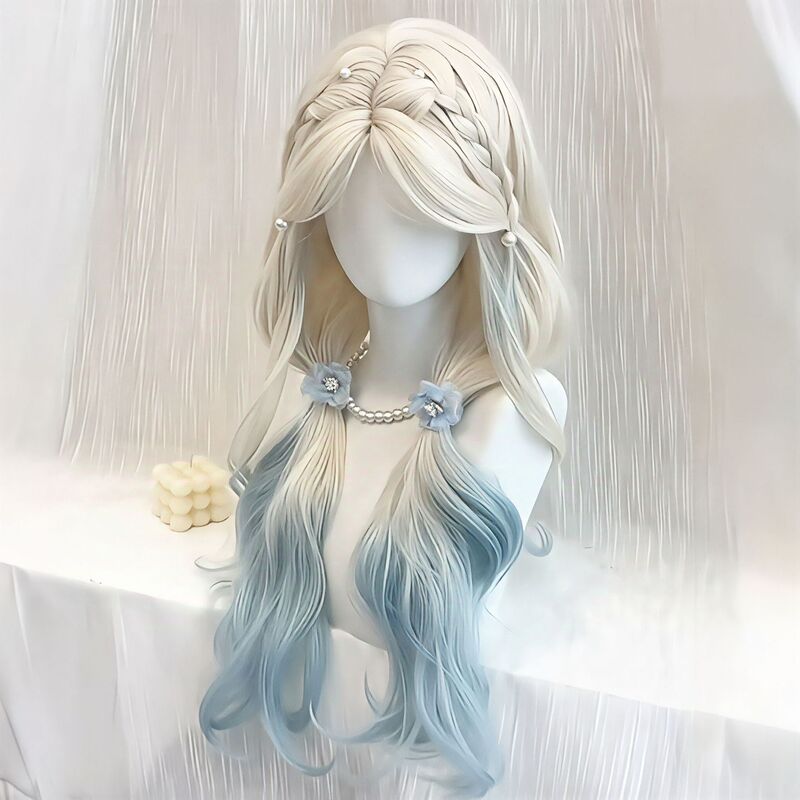 [Broken Ice] Wig for Women, White Golden Gradient Blue, Medium Parted, Atmospheric Summer New Style, Long Curly Hair Full Headgear