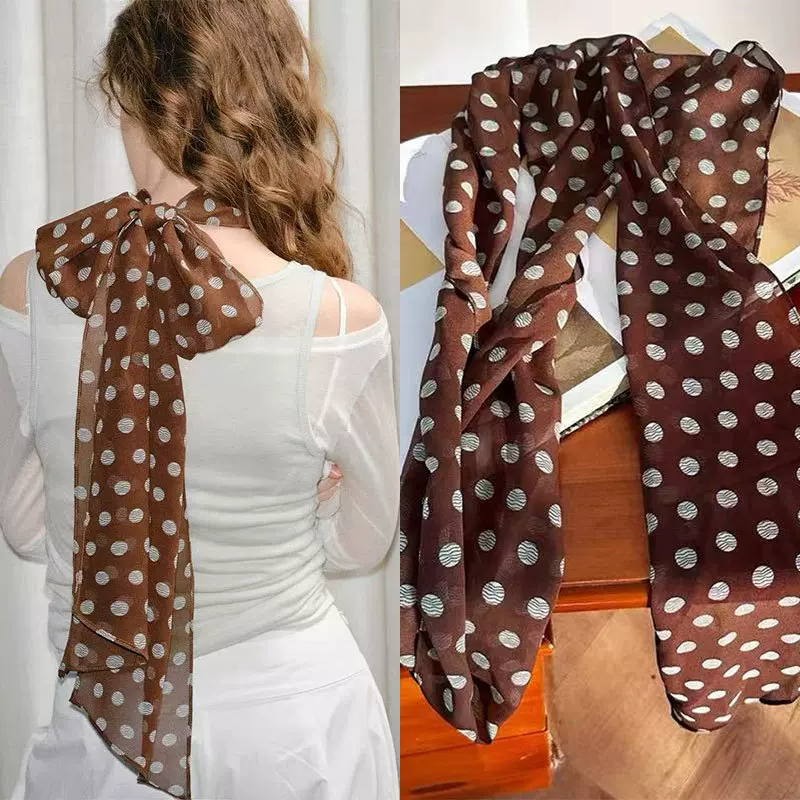 丝巾女2025新款春夏棕色波点时尚长条高级感百搭法式多用系脖薄款