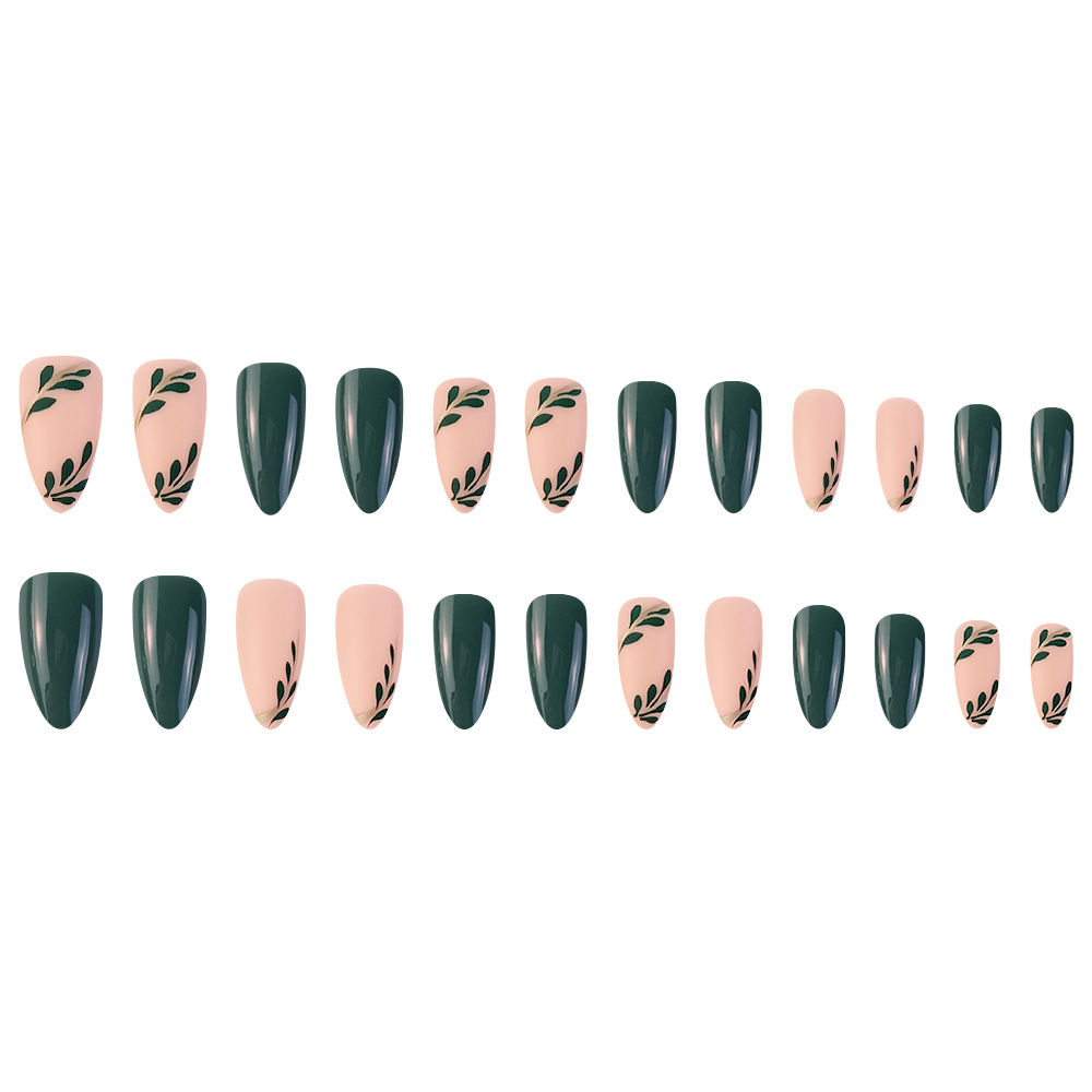 Venta caliente de comercio exterior Tabletas de uñas de longitud media Parche de uñas postizas de hojas y ramas verde oscuro fresco y simple Tabletas de uñas terminadas al por mayor image 6