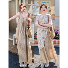 夏季搭配套装女大码胖mm韩系减龄高级蕾丝镂空罩衫叠穿吊带连衣裙