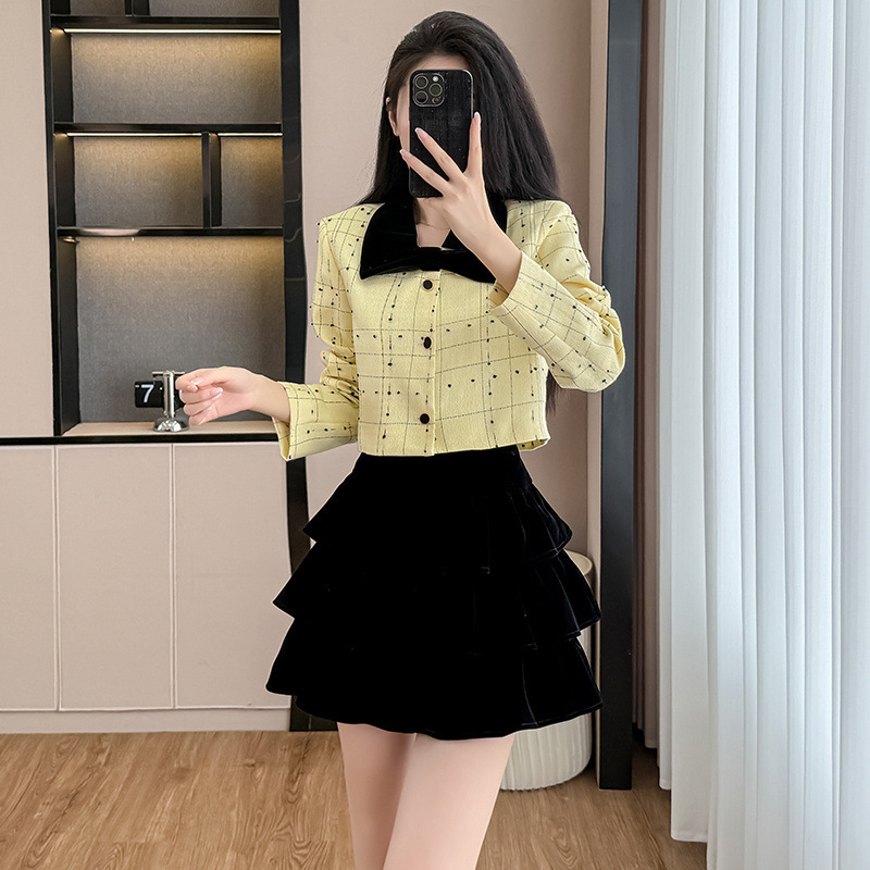 Slim 2025 New French Style Ladylike Yellow Short Jacket Two-Piece High-End Velvet Suit