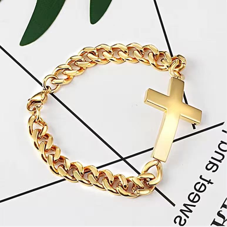 Cross-border personalized chunky chain cross bracelet, heavy-duty craftsmanship, supports customization, 18k gold-plated jewelry for men and women, couple's accessories Cross-border personalized chunky chain cross bracelet, heavy-duty craftsmanship, supports customization, 18k gold-plated jewelry for men and women, couple's accessories