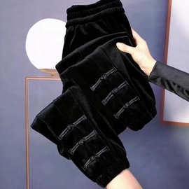 跨境外贸加绒加厚金丝绒裤子女秋冬季新款妈妈装国风盘扣休闲裤子