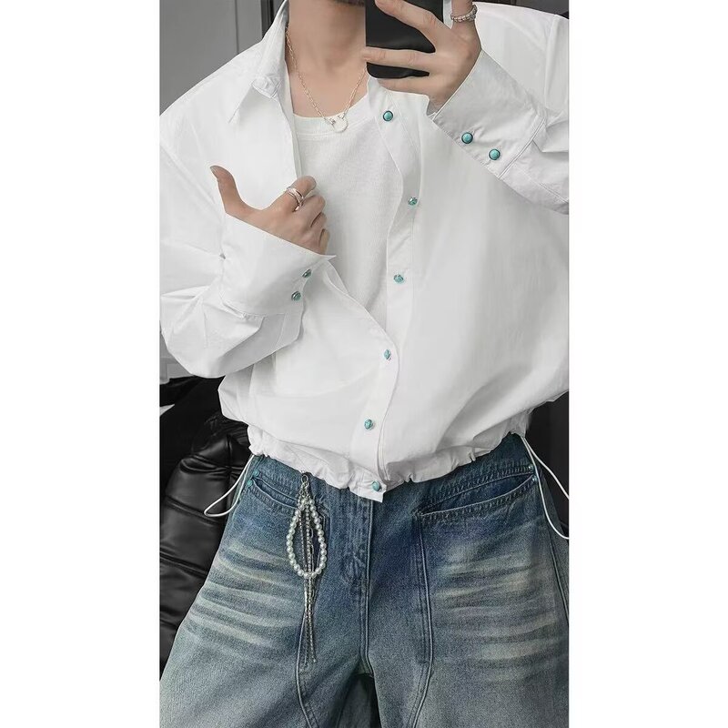 British Style Yuppie Turquoise Hem Drawstring Long-Sleeved Shirt for Men 2026 Early Spring Simple Loose High-End Shirt