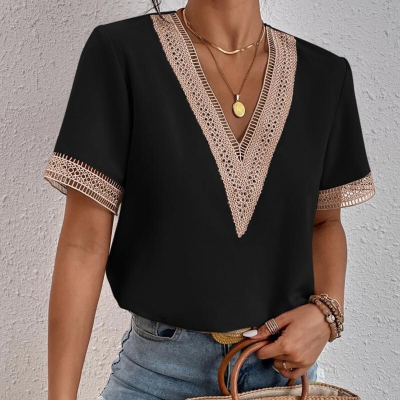 Cross-Border Foreign Trade Amazon Aliexpress New Lace Short-Sleeved Chiffon Tops for Women Cross-Border Foreign Trade Amazon Aliexpress New Lace Short-Sleeved Chiffon Tops for Women