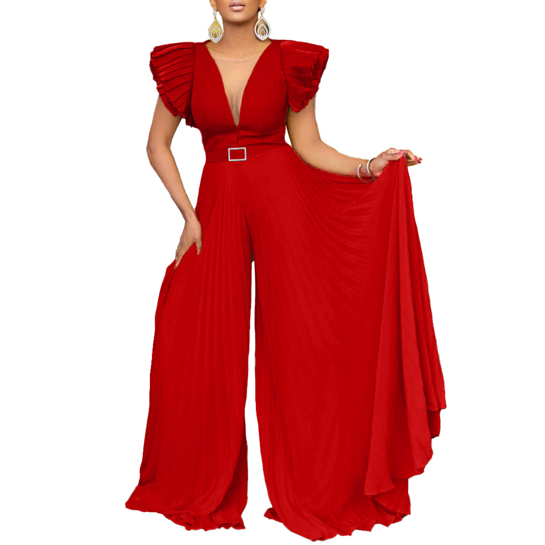 Women's Clothing sexy deep V pleated wide leg large size jumpsuit_voghion.com