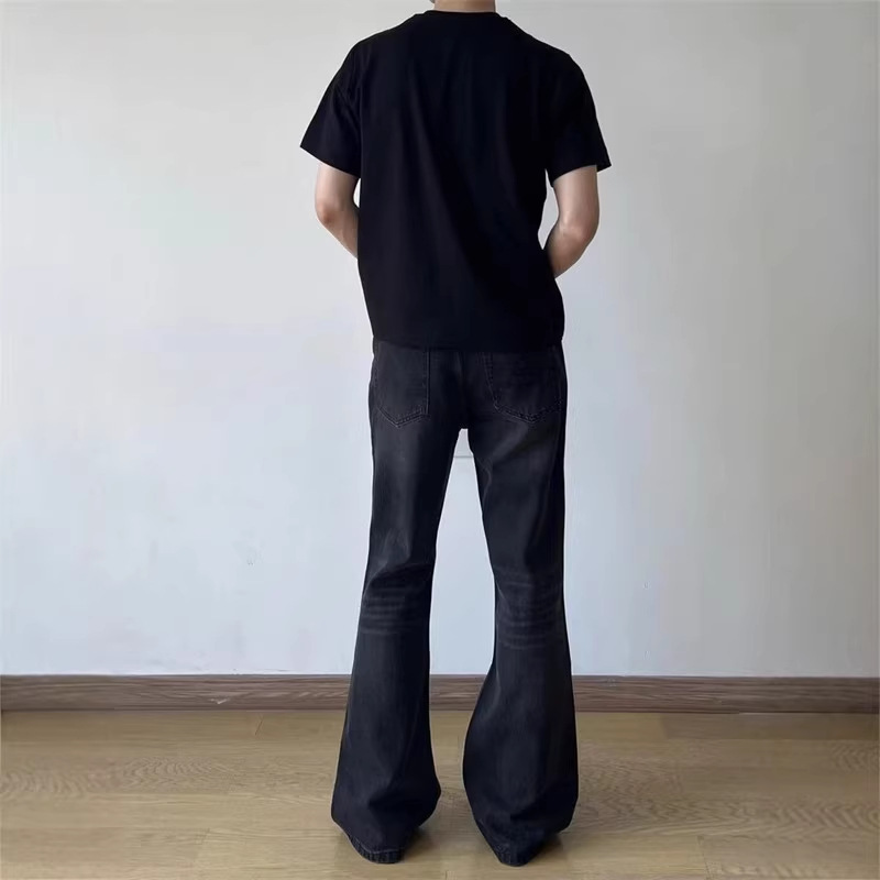 Men's Retro Washed Black Jeans Slim Fit Straight Leg Slightly Flared Long Pants Whiskered American High Street Vibe Style_mkmklike.com