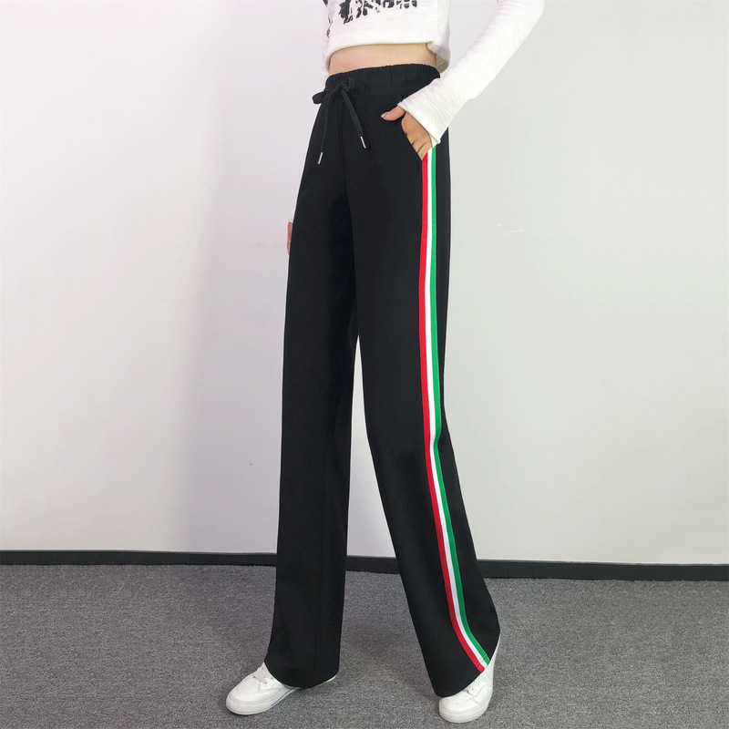 Wide Leg Pants Women's High Waist Striped Fitness Straight Pants Spring and Autumn Summer Thin Casual Sports Square Dance Pants Fleece-lined