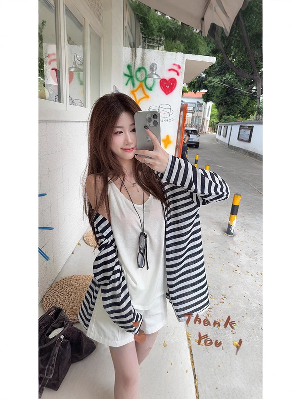 慵懒风韩系撞色条纹长袖开衫外套女秋季宽松休闲百搭显瘦防晒上衣|undefined
