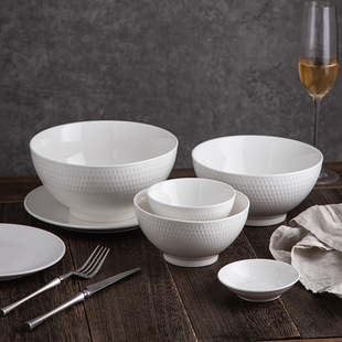 Casual Home Restaurant Ceramic Plates and Dishes Pure White Dark Pattern Combination High-Looking Hotel White Tableware Ins