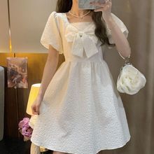 女式連衣裙法式設計感小眾感方領白色蝴蝶結女夏仙女裙蛋糕裙裙子