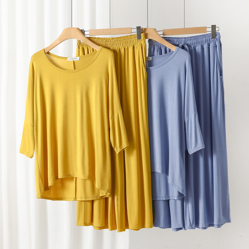 Modal plus size fashion color matching home wear spring and summer front short back long round neck 3/4 sleeve pocket wide leg pants suit Modal plus size fashion color matching home wear spring and summer front short back long round neck 3/4 sleeve pocket wide leg pants suit