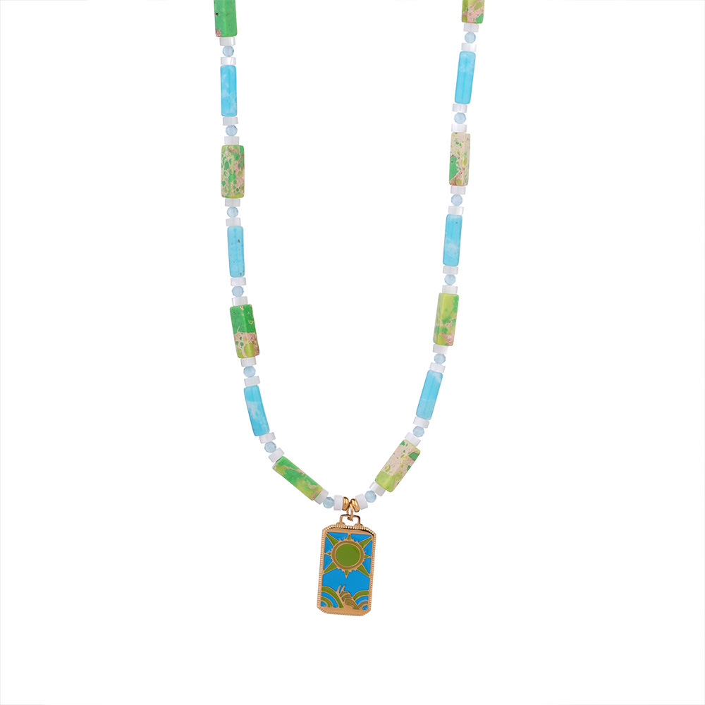 1 Piece Quantity Natural Stone Titanium Steel Beaded Chain Enamel Geometric Sun Heart Shape Pendant Necklace