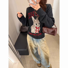 【GA字母兔子提花】减龄百搭100.绵羊毛圆领针织衫女春季套头毛衣