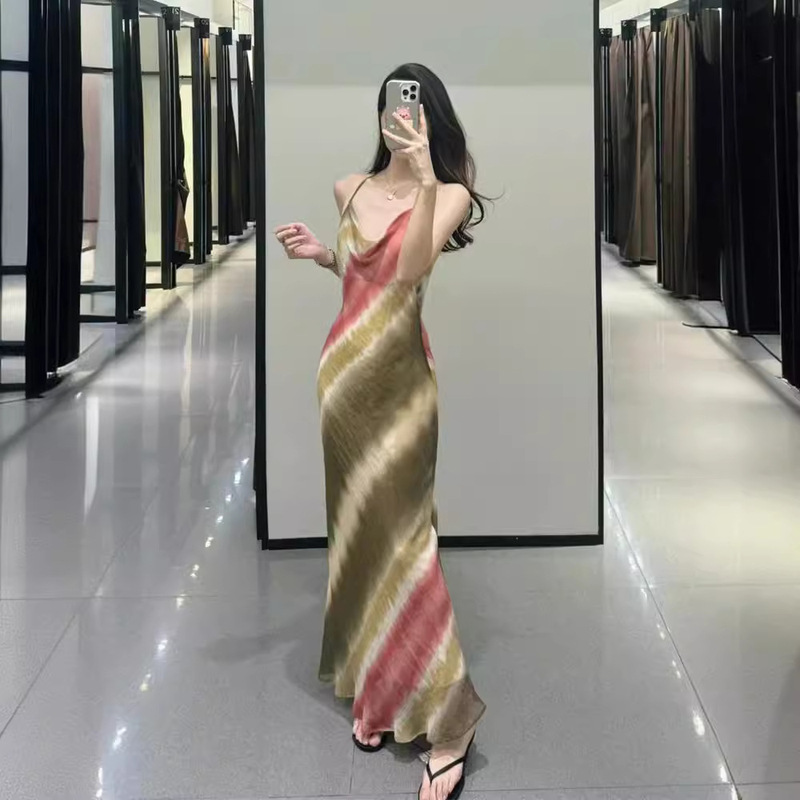 Foreign Trade Cross-Border 2024 Za Series Elegant Tie-Dye Beaded Halter Backless Suspender Long Dress 9878128