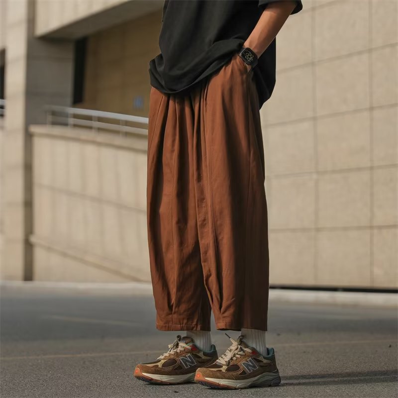 American Style Brown Casual Pants Men's Summer Fashionable Brand Straight Loose Hallen Pants Japanese Style Retro Wide Leg Ankle-length Pants