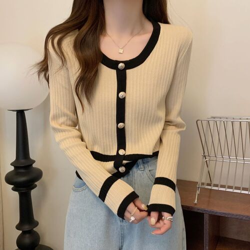 Knitted shirt women's spring new style niche contrasting color chanel style long-sleeved slimming retro all-matching temperament socialite clothes