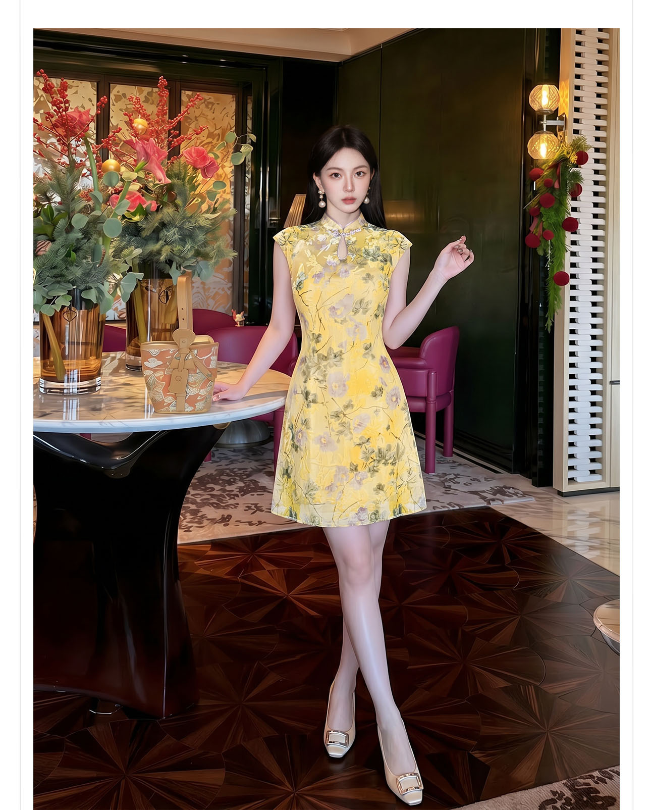 Đầm sườn xám cách tân họa tiết hoa văn nổi, thiết kế ôm eo thanh lịch — váy liền chi tiết 6