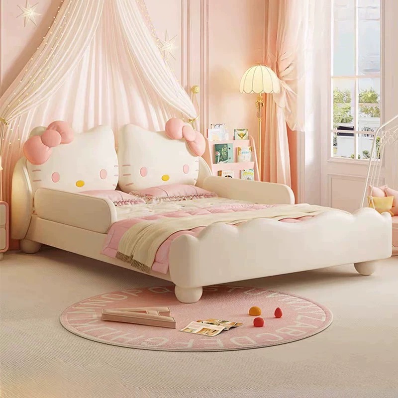 Hellokitty Kidsren's Bed Girl Princess Bed Cute Cartoon Home Bedroom Solid Wood Leather Girl Single Bed