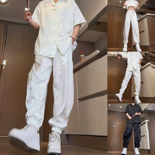 Mens Summer Traditional Chinese Style Dragon Pattern Embroidered Silk Ice Fabric Suit with Tied Ankle Straight Leg Pants