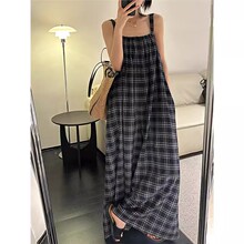 韩日跨境格子吊带连体裤女夏天宽松复古气质显瘦阔腿长裤背带裙裤