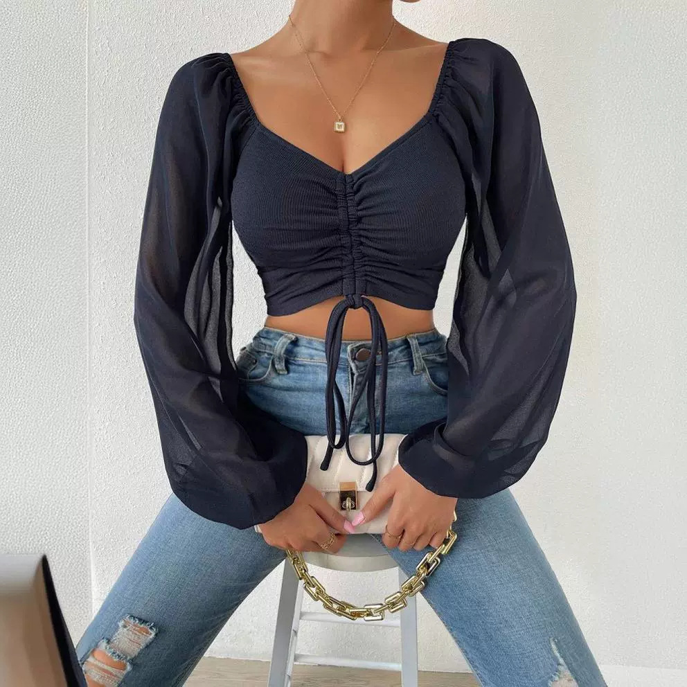 New Style Pit Stripe Chiffon Drawstring Lantern Sleeve Tight Fashion Women's Tops Shirt_senzul.com
