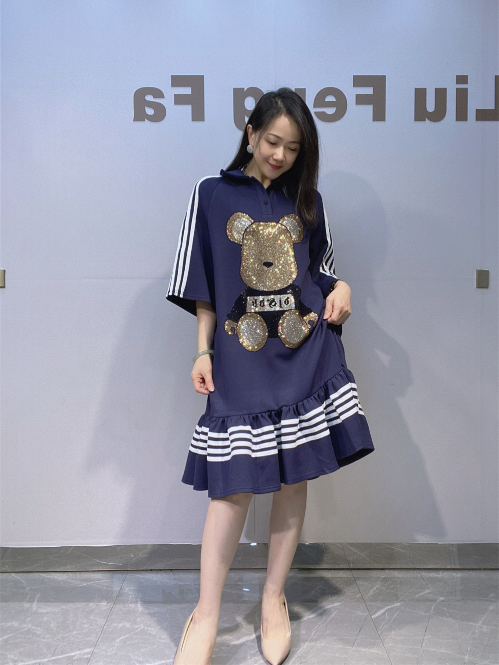 College style verano nuevo polo collar vestido grande manga corta camiseta casual falda de mujer de verano industria pesada caliente taladro grande