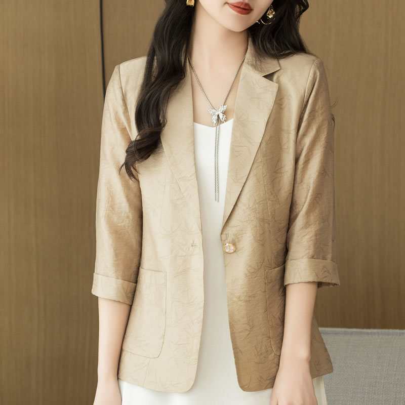 Spring and Summer New Silky Satin Three-Quarter Sleeve Suit Jacket Simple Pure Color Women's Lapel Slim Slim Suit