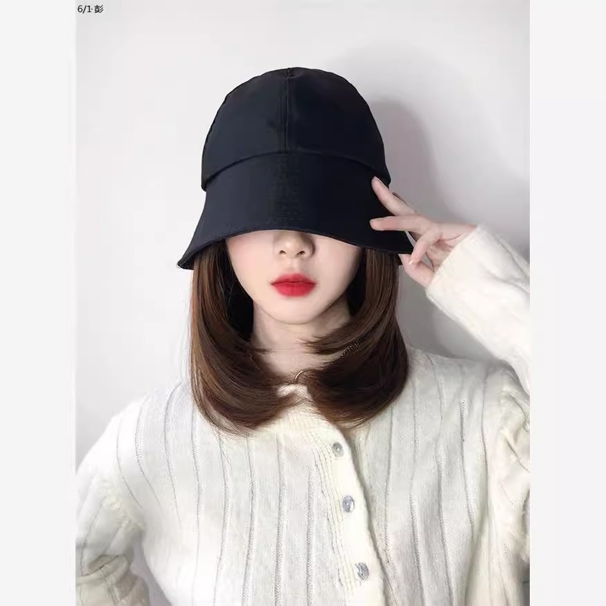 Sombrero de peluca japonés integrado primavera femenina y verano Internet celebridad cubo sombrero de pescador pelo de longitud media hebilla interior cubierta de la cabeza llena clavícula pelo liso