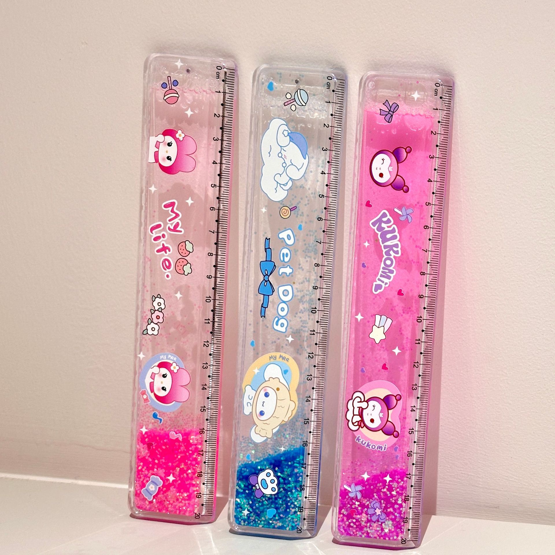 Aceite en arena flotante regla recta adorable perro aprendiendo papelería cartografía de dibujos animados regla recta transparente 20cm regla