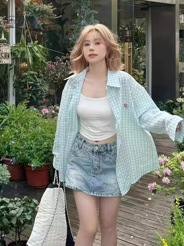 韓国ピンクチェック柄刺繍シャツ日焼け止め長袖ジャケットスプライシングシャツルーズな新しいデザインカジュアルトップ|undefined
