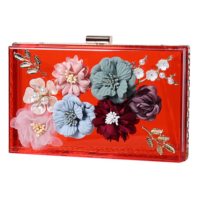 Oblicuo transfronterizo nuevo bolso de noche de flores bolso de noche de la moda de las mujeres bolsa de acrílico de mano cuadrada pequeña tridimensional