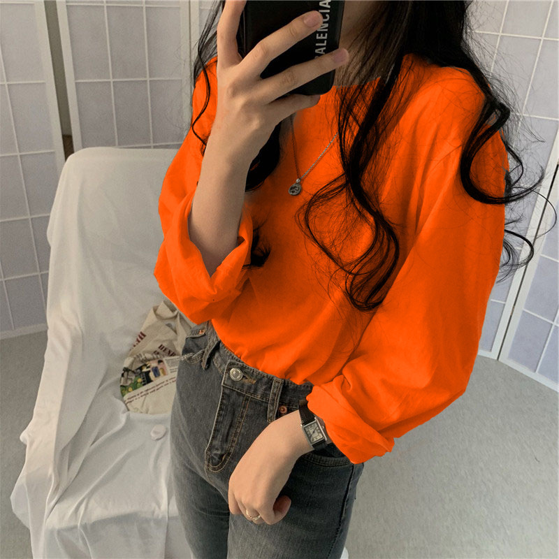 Camiseta básica blanca para mujer, estilo BM de manga larga, nueva colección de principios de otoño 2025, versión coreana, camiseta holgada negra con cuello redondo. image 16