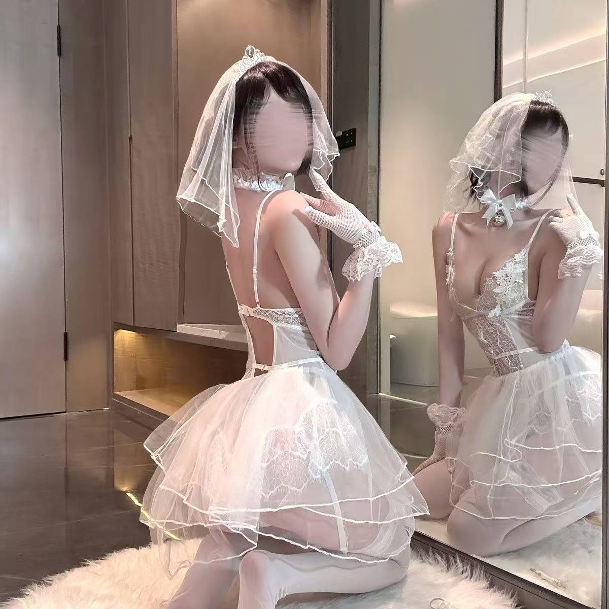 Bridal Lace Lingerie Set with Cut-Out Mesh Detail, Choker Bell and White Stockings — detail image 4