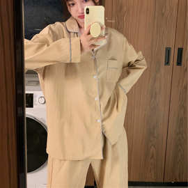 实拍2022秋季新款条纹棉质撞色可爱翻领清晰家居服套装女外贸批发