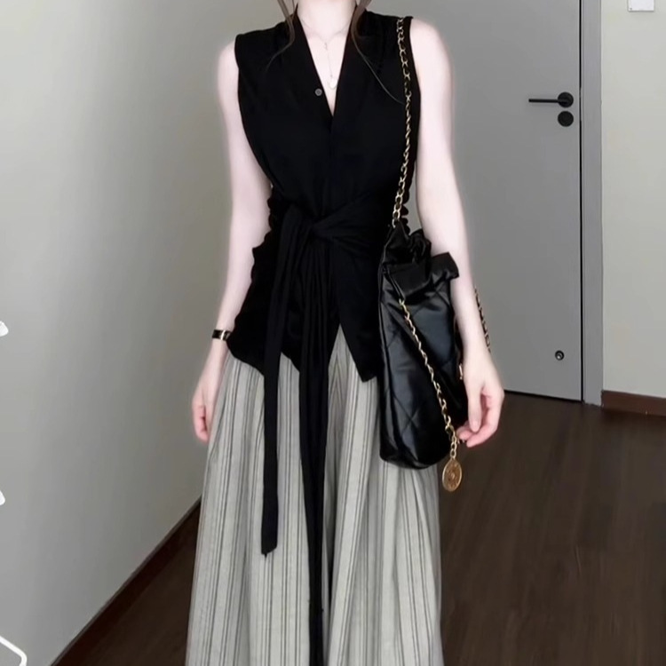 夏日穿搭一整套大码胖mm无袖上衣条纹阔腿裤高级独特巨好看套装女|undefined