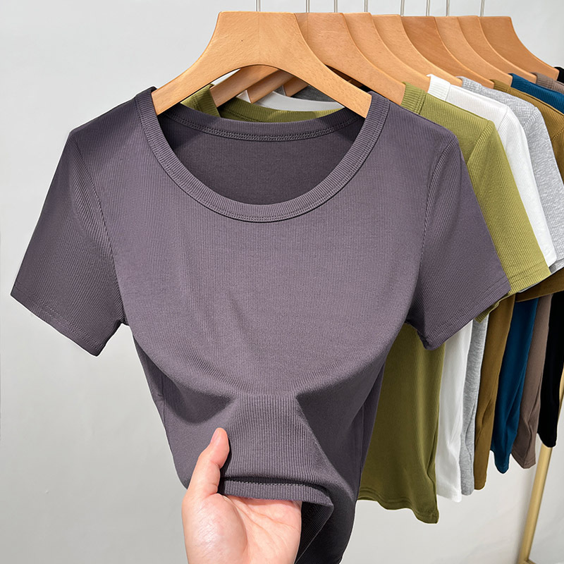 T-shirt de mangas cortas de rosca para mujeres 2025, nueva ropa de mujer de color sólido con camiseta de base elegante de cuello redondo de cintura