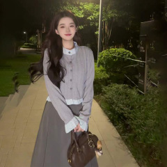 灰色假两件针织衫毛衣开衫外套女早秋季2025新款薄款短款长袖上衣