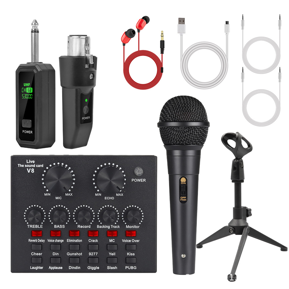 Cross-Border New Dynamic Wired-To-Wireless Microphone Transmitter and Receiver V8 Sound Card Live Performance Set